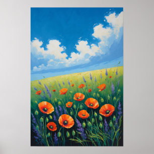Póster Prado de flores silvestres con cielo azul y amapol