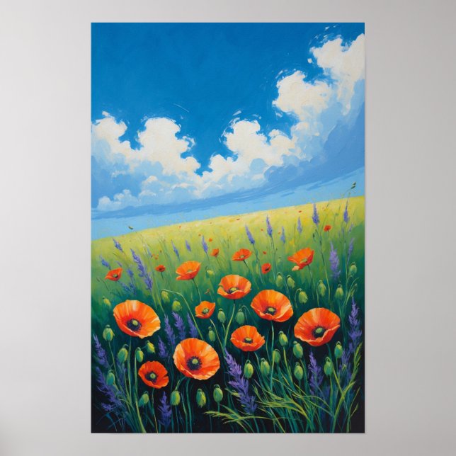 Póster Prado de flores silvestres con cielo azul y amapol (Frente)