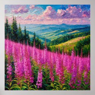 Póster Prado de flores silvestres con paisaje montañoso