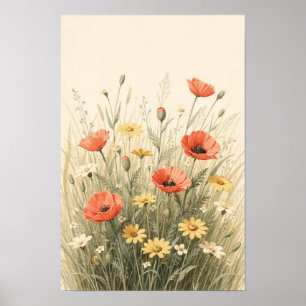 Póster Prado de flores silvestres coral y amarillo manteq