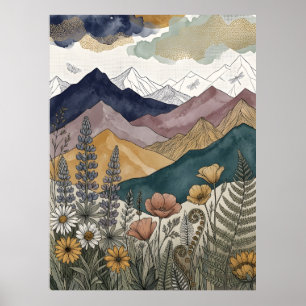 Póster Prado de flores silvestres de altramuz de montaña