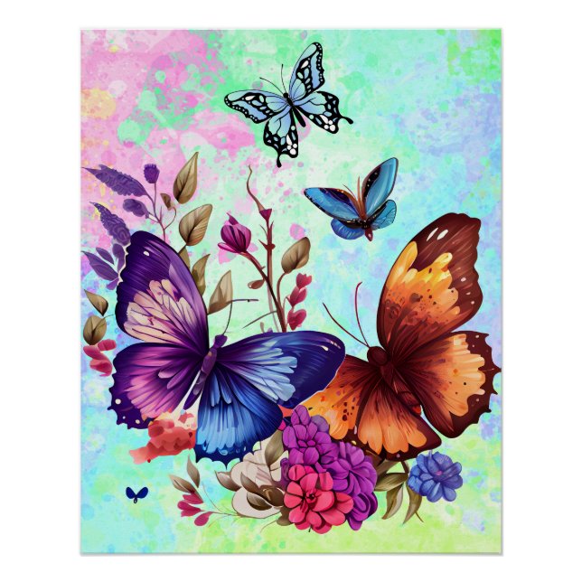 Póster Prado de flores silvestres de mariposas de primave (Anverso)