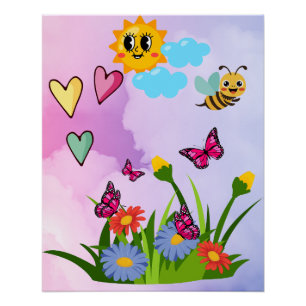 Póster Prado de flores silvestres de mariposas de primave