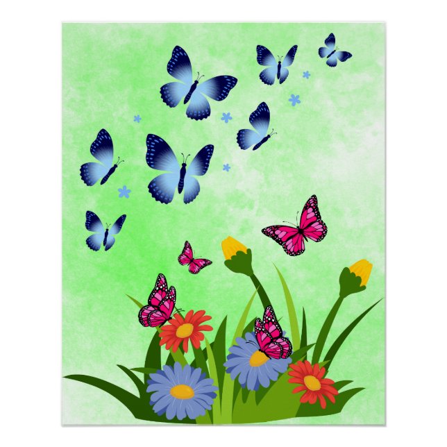 Póster Prado de flores silvestres de mariposas de primave (Anverso)