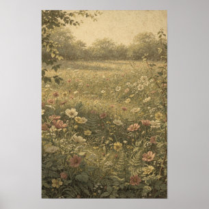 Póster Prado de flores silvestres en cálida luz de atarde
