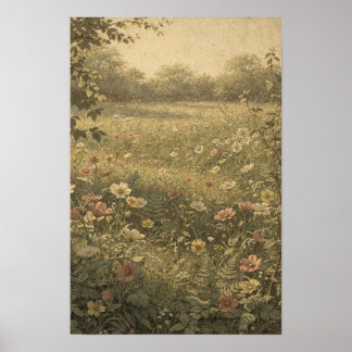 Póster Prado de flores silvestres en cálida luz de atarde