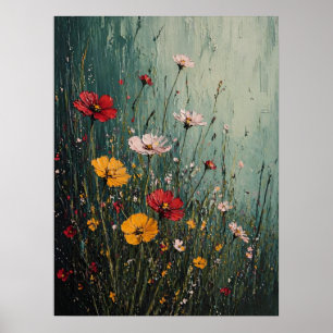 Póster Prado de flores silvestres Impasto en Niebla Teal