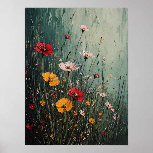 Póster Prado de flores silvestres Impasto en Niebla Teal (Frente)
