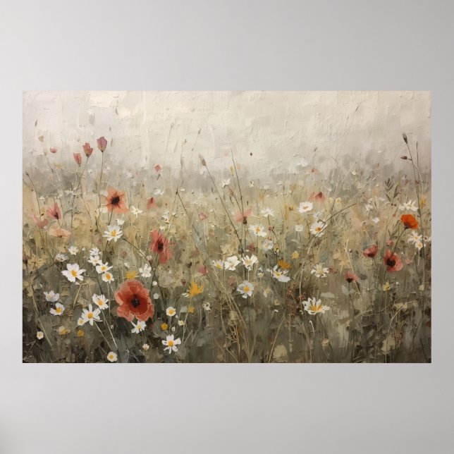 Póster Prado de flores silvestres neutrales amapolas marg (Frente)