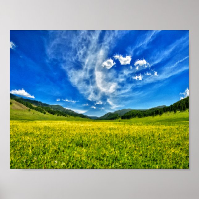 Póster Prado de primavera y cielo azul (Frente)