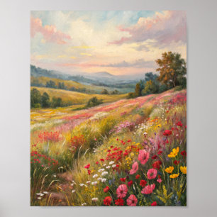 Póster Prado Sereno de Flores Silvestres al Atardecer Pin