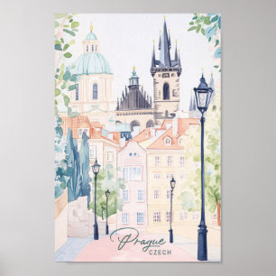 Póster Praga Gouache Paint Ilustracion Viaje