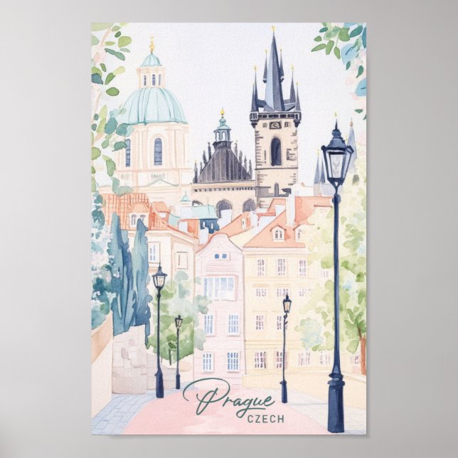 Póster Praga Gouache Paint Ilustracion Viaje (Frente)