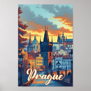 Póster Praga Ilustracion de viajes artísticos checos