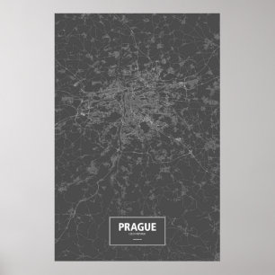Póster Praga, República Checa (blanco sobre negro)