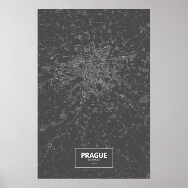 Póster Praga, República Checa (blanco sobre negro) (Frente)