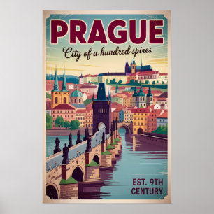 Póster Praga República Checa Paisaje Urbano Retro Viaje