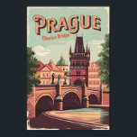 Póster Praga República Checa Vintage<br><div class="desc">Diseño de viaje vectorial retro de Praga. Praga,  capital de la República Checa,  está dividida por el río Vltava. Llamada "la ciudad de las cien arañas",  es conocida por su Plaza del Casco Antiguo.</div>