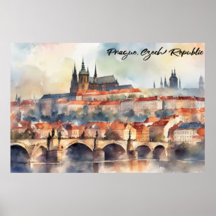 Póster Praga República Checa Vista panorámica acuarela