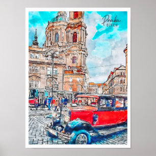 Póster Praga viaje vintage acuarela checa