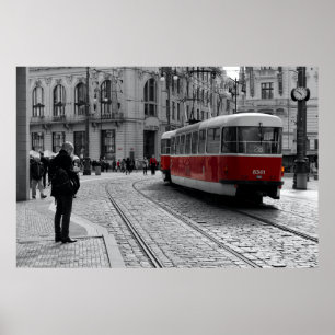 Póster Prague Tranvía Roja Pop: Color Selectivo