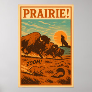 Póster Prairie Stampede - Bison, Prairie Dogs