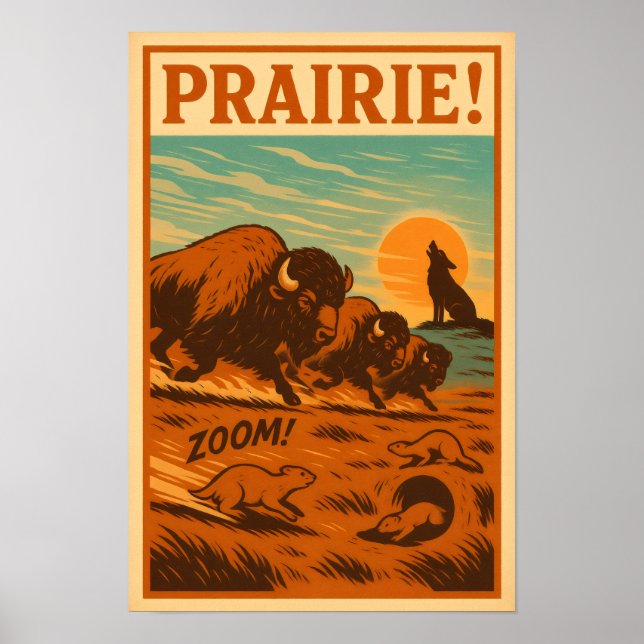 Póster Prairie Stampede - Bison, Prairie Dogs (Frente)