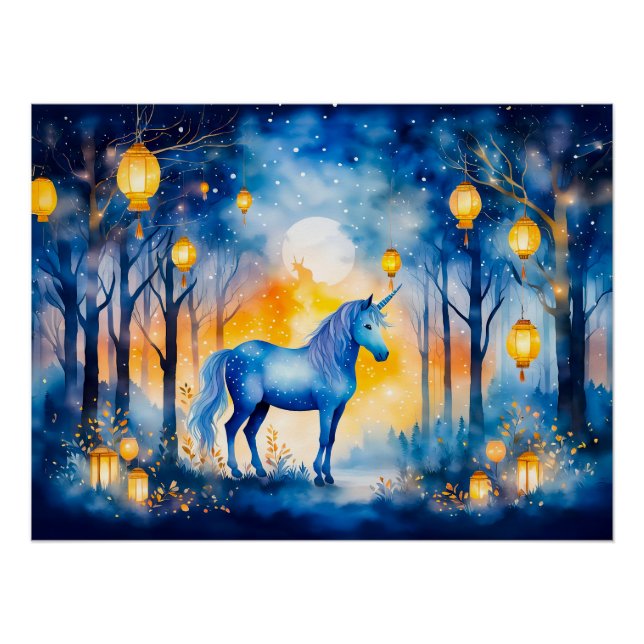 Póster Pranza Unicornio Bajo Luz Linterna Dorada (Anverso)