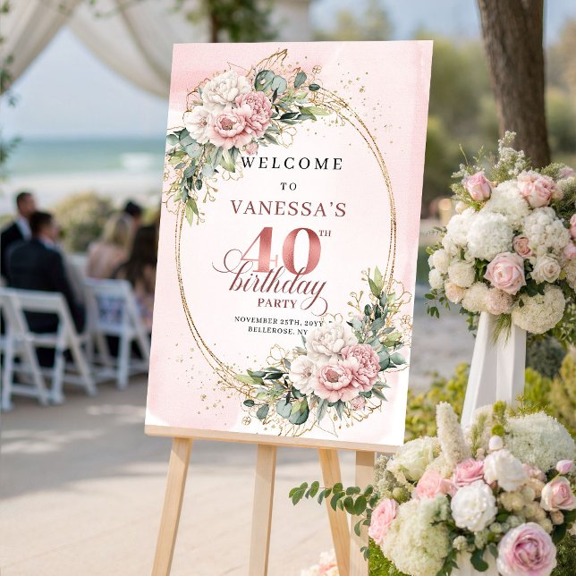 Póster Precioso Cumpleaños 40 Boho Rosa Oro Eucalipto  (Lovely Boho Rose Gold Eucalyptus 40th Birthday Welcome)