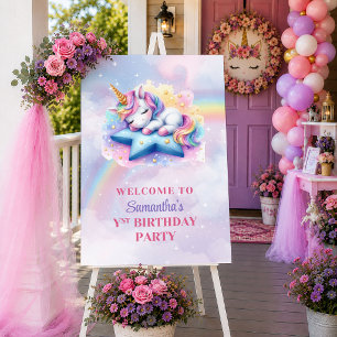 Póster Precioso Unicornio Rosa Púrpura Cumpleaños Bienven
