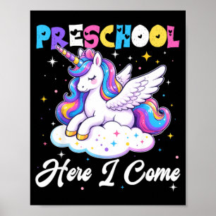 Póster Preescolar aquí viene unicornio de vuelta a la esc