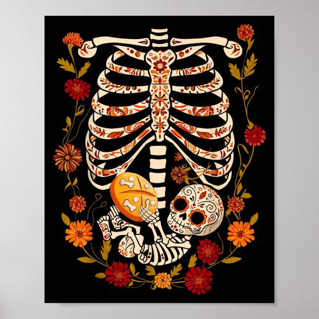 Póster Pregnancy Skeleton Dia De Los Muertos Mexican Bell (Frente)