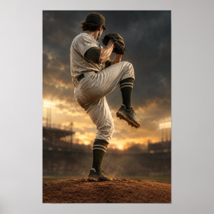 Póster Preparación de Lanzador de Béisbol al Atardecer –