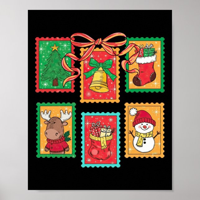 Póster Preppy Christmas Stamps Coquette Bow Reindeer Xmas (Frente)