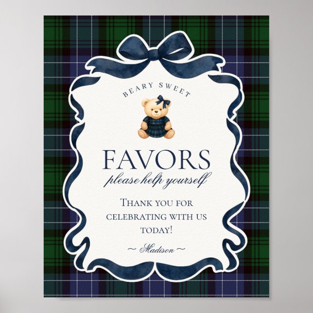 Póster Preppy Coquette Bow Bear Plaid Party Favors Sign (Frente)