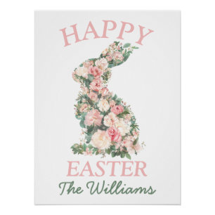 Póster Preppy Floral Pastel de Pascua Bunny Personalizado