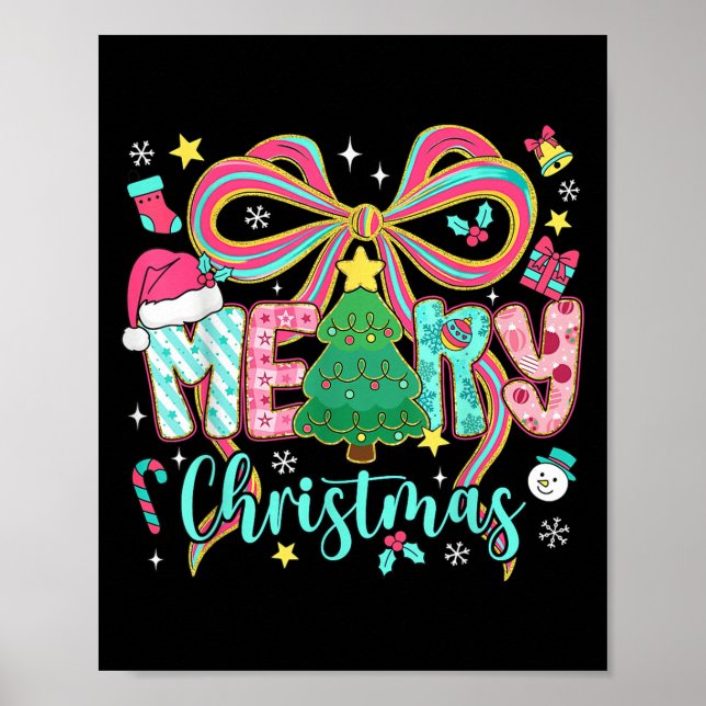 Póster Preppy Merry Christmas Coquette Bow Navidades rosa (Frente)