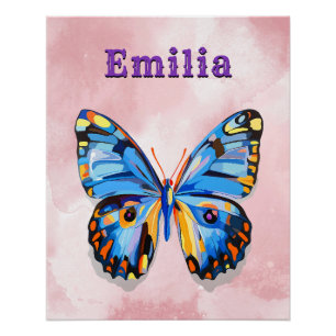 Póster Preppy Personalizado de mariposa rosa azul persona