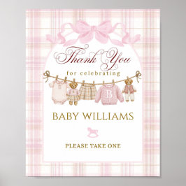Póster Preppy Teddy Bear Girl Baby Shower Plaid Bow Favor