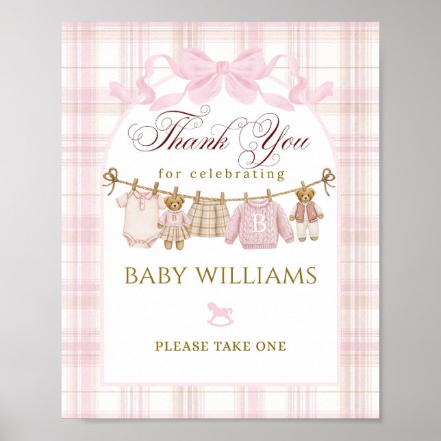 Póster Preppy Teddy Bear Girl Baby Shower Plaid Bow Favor (Frente)