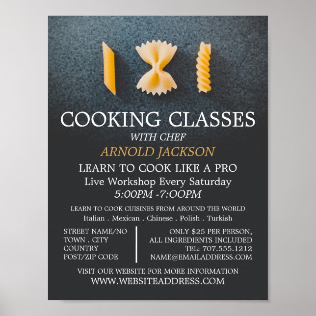 Póster Presentación de pasta, publicidad de clases de coc (Frente)