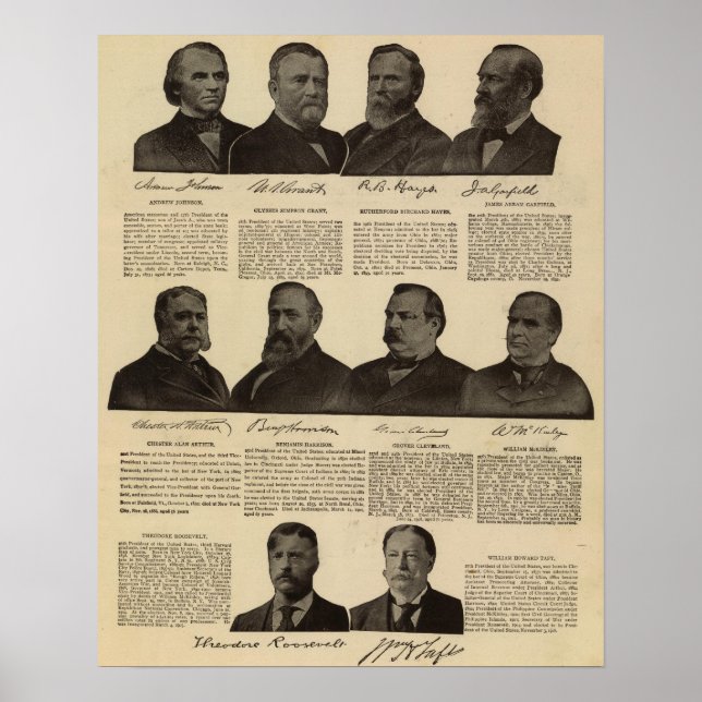 Póster Presidentes de EE.UU., autógrafos, biografías (Frente)