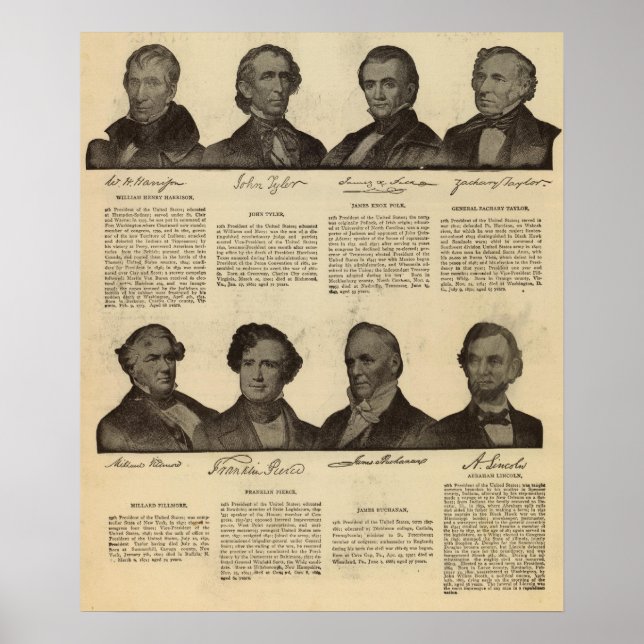 Póster Presidentes de EE.UU., autógrafos, biografías (Frente)