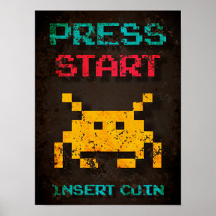 Póster Presione Iniciar Insertar Pixel de arcada de moned