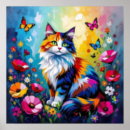 Póster Pretty Colorful Impasto Cat and Flowers