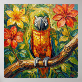 Póster Pretty Colorful Impasto Parrot and Tropical Flower
