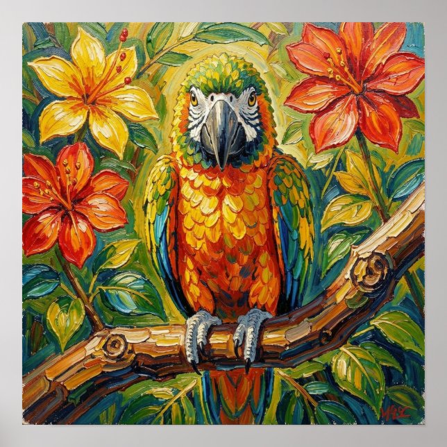Póster Pretty Colorful Impasto Parrot and Tropical Flower (Frente)