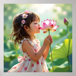 Póster Pretty Little Girl Smelling a Pink Rose