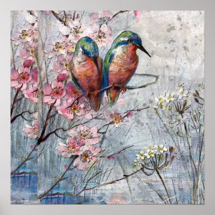 Póster Pretty Painted Blue Birds and Flowers Faux