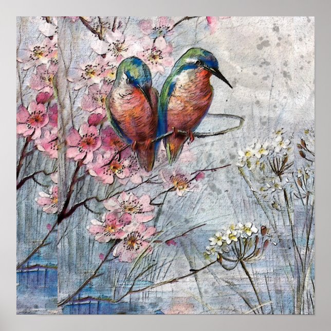 Póster Pretty Painted Blue Birds and Flowers Faux (Frente)